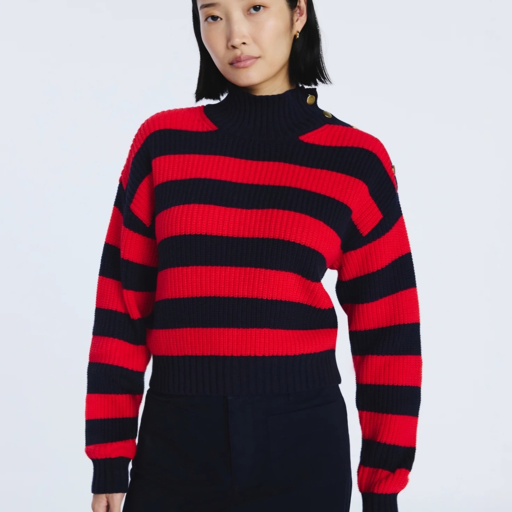 Free Assembly Mock Neck Sweater Red Navy Striped Button Shoulder Ribbed Size S - Picture 3 of 6